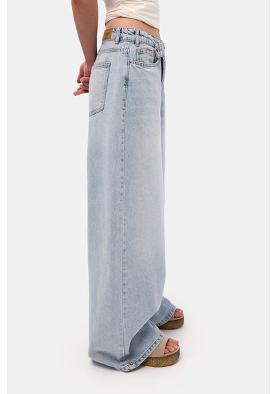 Itsbasic Kadın Kot Rengi 4s6-3 Mega Baggy Fit Kemer Detaylı Bol Kesim Denim Jean Mavi