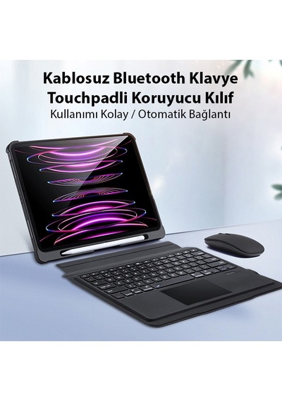 Apple Uyumlu iPad  Pro 12.9 2022-2021-2020 Sk Bluetooth Klavye Touchpad Kılıf