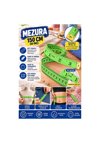 Yeşil Mezura 150 Cm 1 Adet Renkli Meziro Terzi Baş Vüvut Ölçüm Metresi Beden Ölçmek Mezro Çift Yönlü