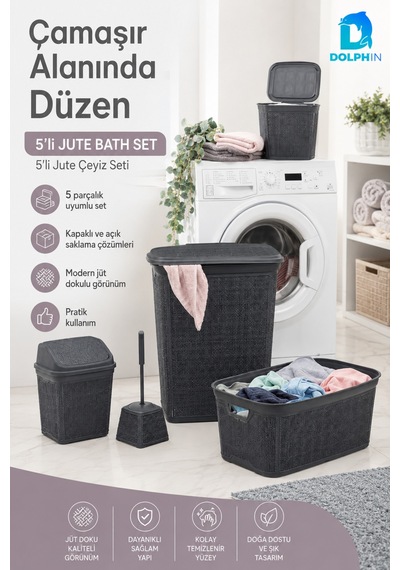 Jute Çeyiz Seti 5 Li Plastik Banyo Mutfak Dolap İçi Düzenleyici Sepet Çöp Kovası Klozet Fırçası Seti Siyah