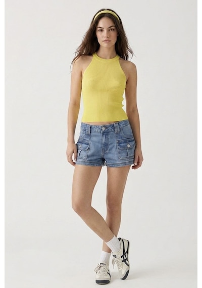Neden Tekstil Kadın Fitilli Halter Yaka Crop Bluz - Sarı