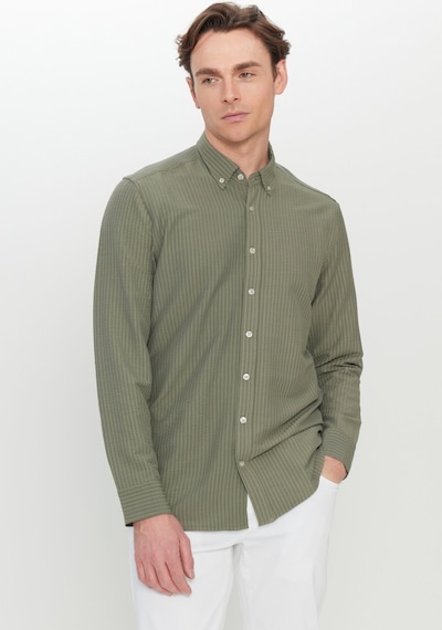 AC&Co / Altınyıldız Classics  Erkek Hakı Slim Fit Dar Kesim Düğmeli Yaka Armürlü Gofre Desenli Gömlek Haki