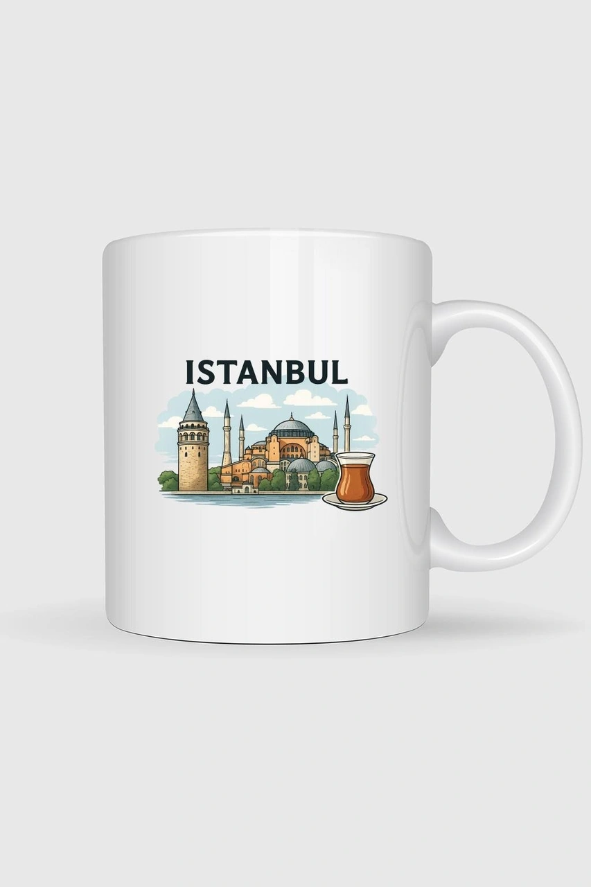 İstanbul - Ayasofya Camii Ve Çay Tasarımlı Kupa Bardak Beyaz