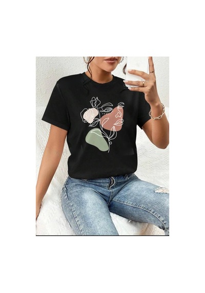 Medinenur Portre Baskılı Basic T-shirt Siyah
