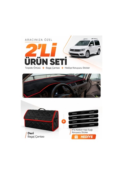 Volkswagen Caddy 2015-2019 Uyumlu Torpido Örtüsü + Deri Bagaj Çantası + Sticker - Siyah Kırmızı