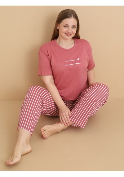 Wordex Mirano 4510 Çizgili Pijamalı Kısa Kollu Penye Büyük Beden Kadın Pijama Takımı GÜL KURUSU Wordex Mirano 4510 Çizgili Pijamalı Kısa Kollu Penye Büyük Beden Kadın Pijama Takımı GÜL KURUSU