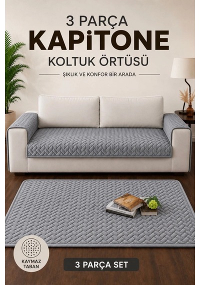 3 Parça Kaymaz Taban Kapitone 3'lü Koltuk Örtüsü Çekyat Kanepe Seti 90x200 Gri Gri