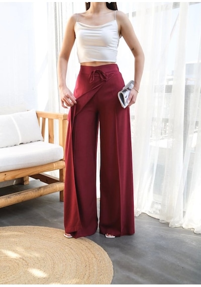 Defymoda Keten Önü Çapraz Parçali Lasti Kli Ve Bağcikli Geni Ş Paça Pantolon Bordo