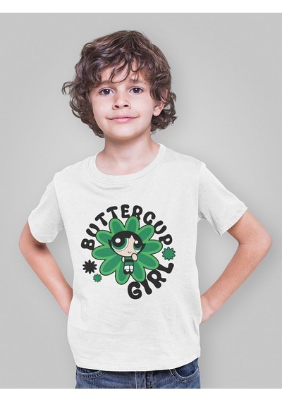 Sevbano Power Puff Girls Buttercup Girl Baskılı Unisex Çizgi Film Çocuk T Beyaz