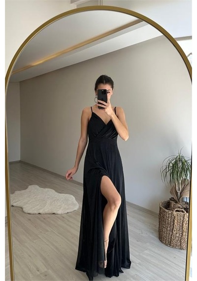 Neşeli Butik Kadın Işıltılı Askılı Yırtmaç Detayı Şifon Abiye Elbise Nm002 Siyah
