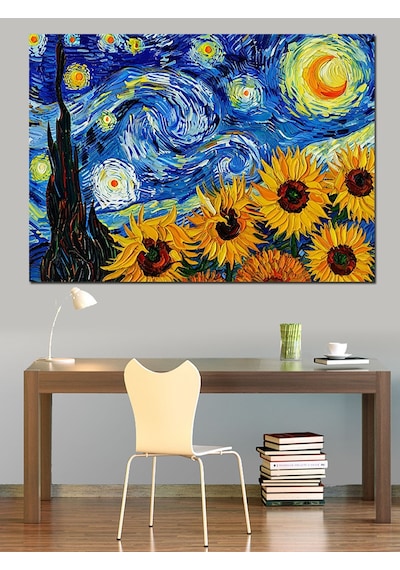 Van Gogh Yıldızlı Gece Ayçiçekleri Dekoratif Kanvas - Mdf Ahşap Tablo