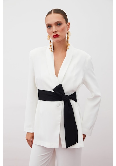 Sateen Beli Kuşaklı Uzun Ceket - Ekru