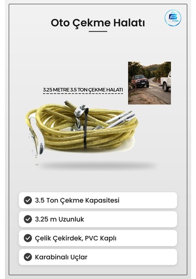 Oto Çekme Halatı 3.5 Ton 3.25 M Çelik Pvc Kaplamalı Karabinalı Ar