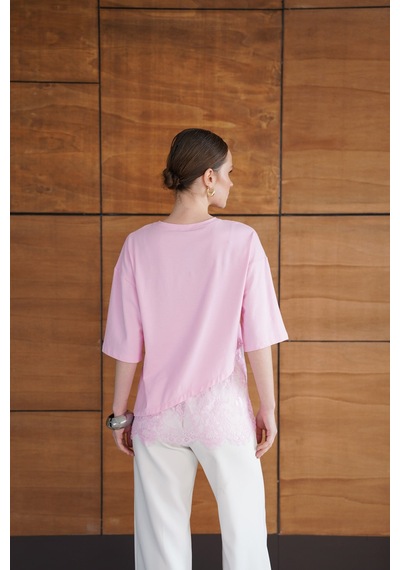 Verymoda Dantel Detaylı Asimetrik Tişört D2953 Pembe