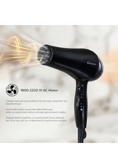 Conti Chd-125 Karayel Saç Kurutma Makinesi 2200w Ac Motor, 3 Kademe Isı Ayarı, 2 Kademe Hız Ayarı, Soğuk Hava Üfleme, Seramik Termal Izgara, Dar Başlık