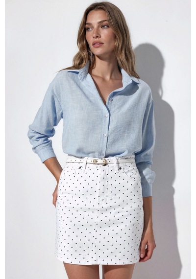Hiccup Bdart Yüksek Bel Puantiyeli Denim Mini Etek Tozlu Beyaz