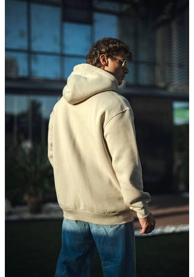 Barlashive Kadın 3 İplik Pamuklu Kapüşonlu Kanguru Cepli Oversize Hoodie Sweatshirt - Bej Çok Renkli