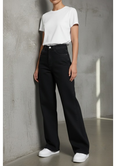 Woddi Heaven Kadın Yüksek Bel Siyah Salaş Wide Leg Jeans Geniş Paça Palazzo Kot Pantolon