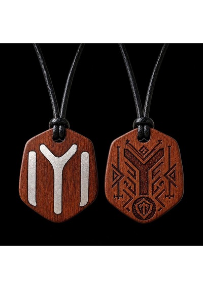 Kayı Boyu İyi Sembol Çift Taraflı Ahşap Metal Döküm Kolye - Unisex 011 - Kahverengi