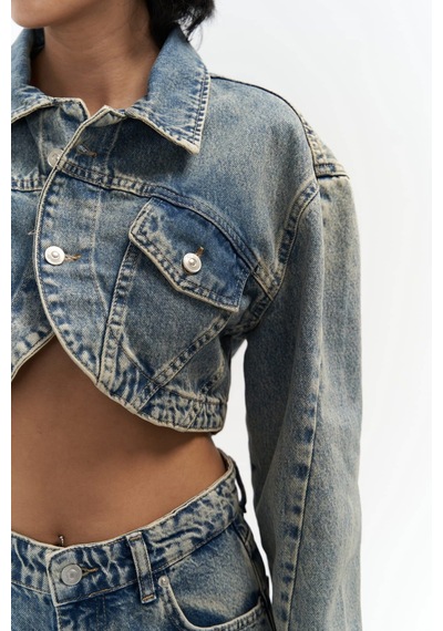 Mai Collection Mai Studios Co. Cali Çapraz Detay Kirli Yeşil Crop Jean Ceket Mavi