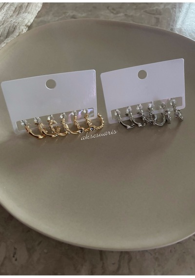 Minimal Halka Küpe Seti Taş Detaylı Vintage Burgu Kadın Küpe Kombini 6 Lı Çoklu Küpe Seti Altın Altın