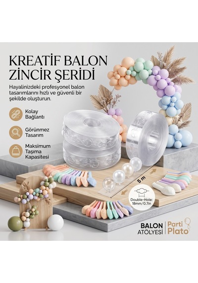 Bakgelal 5 Metre Plastik Balon Zinciri Aparatı 2li Set- Şeffaf Balon Şeridi Ve Balon Kemeri Hazırlama - 9040925677902 6+