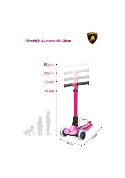 Lamborghini Lisanslı L1 Luxury Katlanabilir 3 Tekerlekli Işıklı Çocuk Scooter Pembe