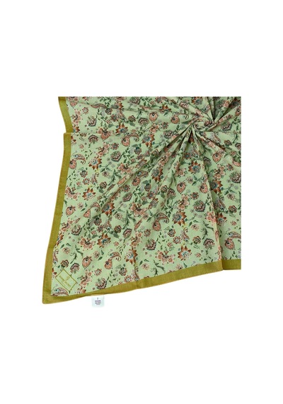 Mim Eşarp Prime Pamuk Çiçek Desenli Eşarp 90x90 Cm Turuncu - Yeşil