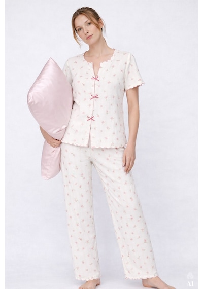 Koza İç Giyim Kadın Kısa Kollu Fiyonklu Fitilli Pijama Takımı Kk30131 Pembe - Beyaz