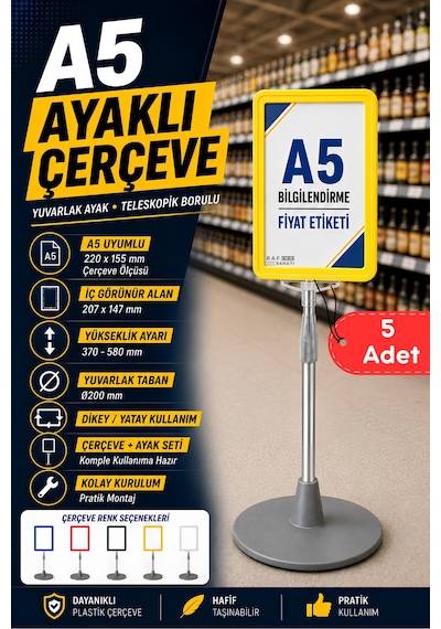 5 Adet - A5 Ayaklı Menü Ve Fiyat Bilgi Standı Yuvarlak Tabanlı Teleskopik Çerçeve Etiketlik Sarı