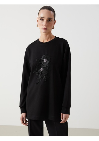 Lcwaıkıkı Classic Siyah Bisiklet Yaka Boncuk İşlemeli Kadın Sweatshirt Tunik