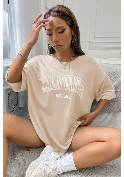 Unisex California West Coast Baskılı Tasarım Tshirt Bej