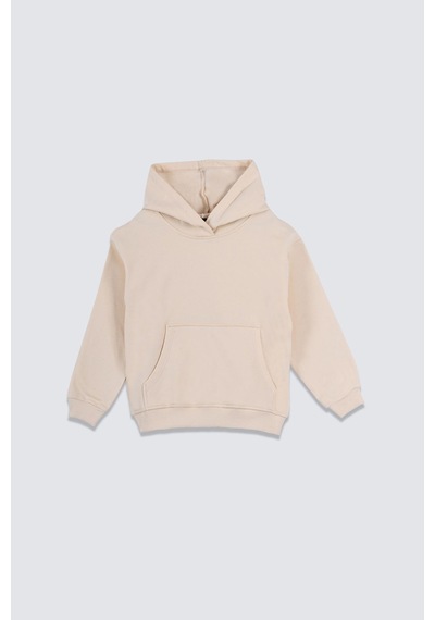 Zuzunga Basic Kapüşonlu Şardonlu Kanguru Cep Detaylı Çocuk Sweatshirt 3-10 Yaş Ekru