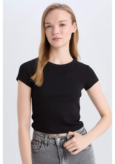 DeFacto Coool Fitted Basic Düz Fitilli Kaşkorse Kısa Kollu Siyah Tişört E0287AX25SMBK81
