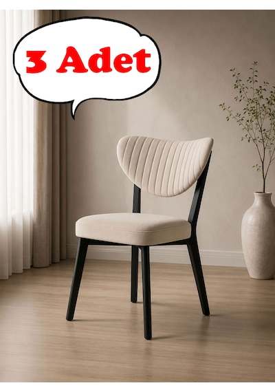 Teknor 3 Adet Elma Sandalye Modern Kadife Kapitone Sırtlı Mutfak Yemek Odası Balkon Kafe Sandalyesi 85 Cm Krem