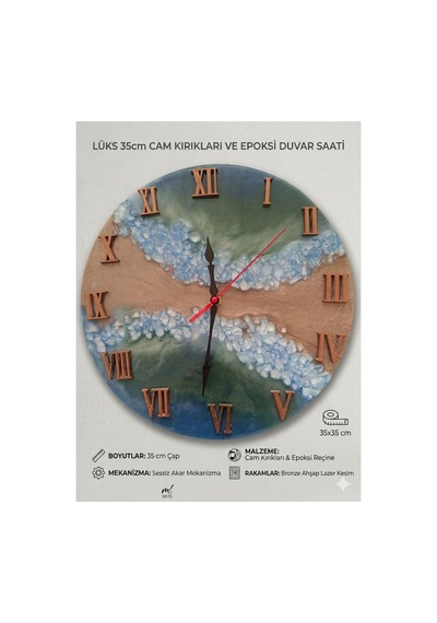 Lüks Artizan Epoksi Duvar Saati - 35x35 Cm Özel Tasarım Cam Kırığı Dokulu Salon Ve Ofis Saati Çok Renkli