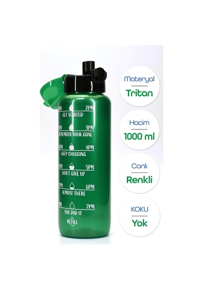 Su Matarası Tritan Geniş Ağız Su Şişesi Motivasyon Spor Matarası Suluğu Bpasız 1000 Ml Yeşil T0103