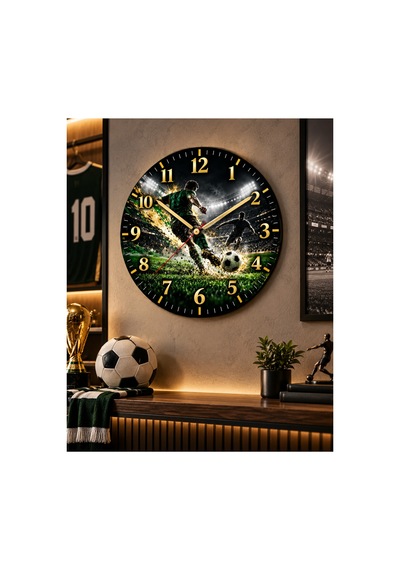 Futbol Temalı Duvar Saati 45 Cm Futbolcu Futbol Sahası Spor Kulübü Uv Baskı Sessiz Akar Mekanizma 946