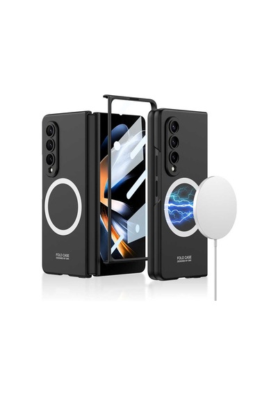 Samsung Uyumlu Galaxy Z Fold 4 Kılıf Wireless Şarj Özellikli Zore Kıpta M-safe Kapak Siyah