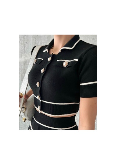 De Pose Kadın Siyah Polo Yaka Inci Düğmeli Mini Etek Crop Ikili Takım