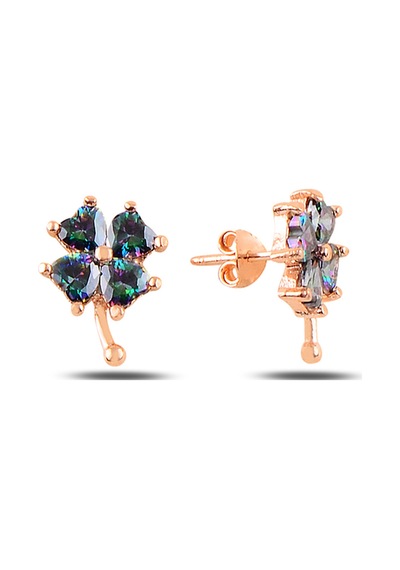 Çekirdekjewelry 925 Ayar Gümüş Rose Yonca Küpe Mistik Topaz Taşlı Pembe