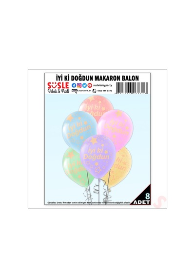 İyi Ki Doğdun Çok Renkli Makaron Balon, 30cm X 8 Adet