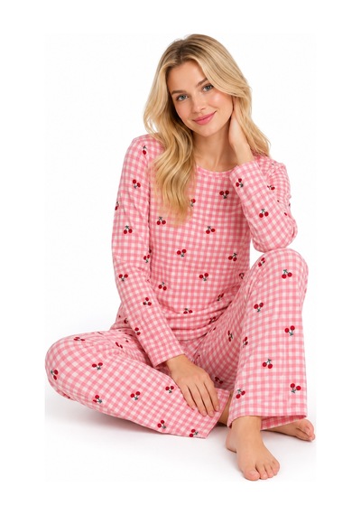 Sleeeproom Kadın Süet Mevsimlik Ekose Desen Pembe Pijama Takımı Pembe - Beyaz