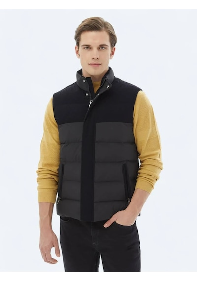 Kip Siyah Regular Fit Dik Yaka Casual Dokuma Spor Yelek Siyah