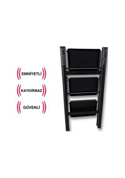 Endokon Katlanır Çelik Şık Merdiven - Siyah 3 Basamaklı - Portatif Ev Ofis Merdiveni