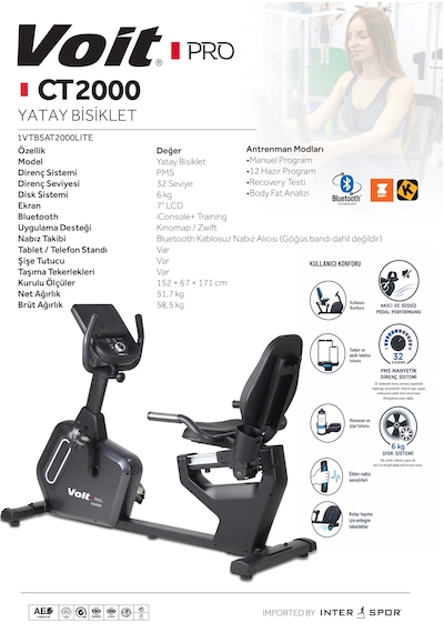 Voit Pro Ct2000 Bluetooth'lu 32 Kademeli Manyetik Yatay Kondisyon Bisikleti