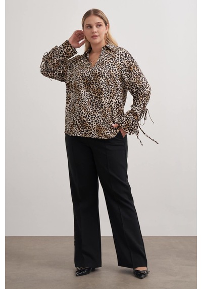 Myline Bağlama Detaylı Leopar Bluz-2568 Kahverengi