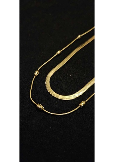 Çelik Gold Çift Sıra Ezme Zincir Ve Top Detaylı Kolye Altın