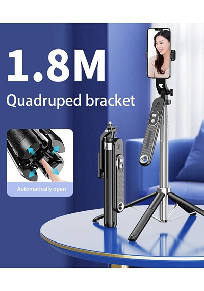 Bluetooth Kumandalı 180cm Tripod Selfie Çubuğu / Go Pro Uyumlu / 360 Pan Kolu Özellikli