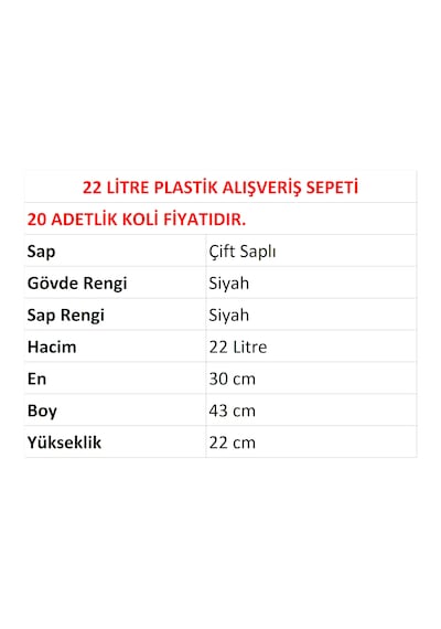 22 Litre Plastik Market Alışveriş El Sepeti Siyah 20 Adet / En:30 Boy:43 Yükseklik:22 Cm Siyah